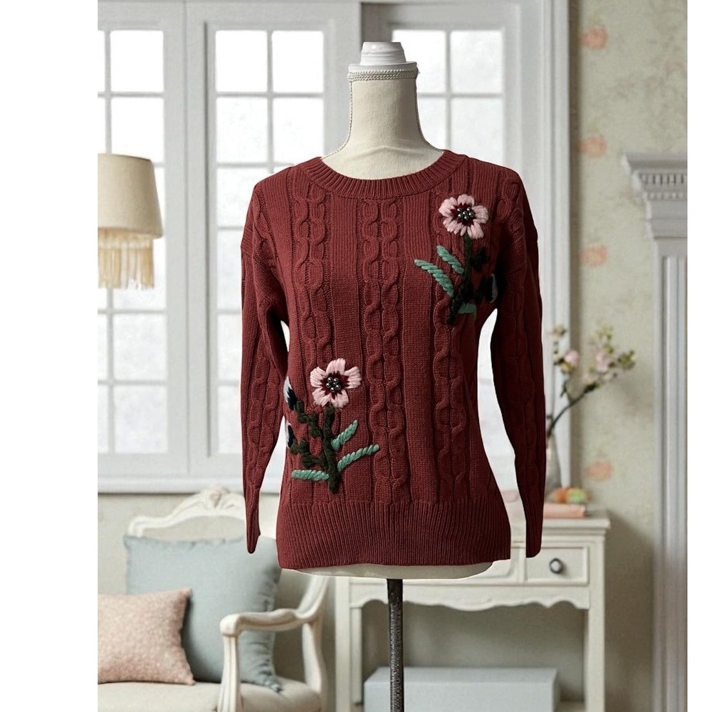 Timing Floral Embroidered Cable Knit Sweater Red Burgundy Size Small